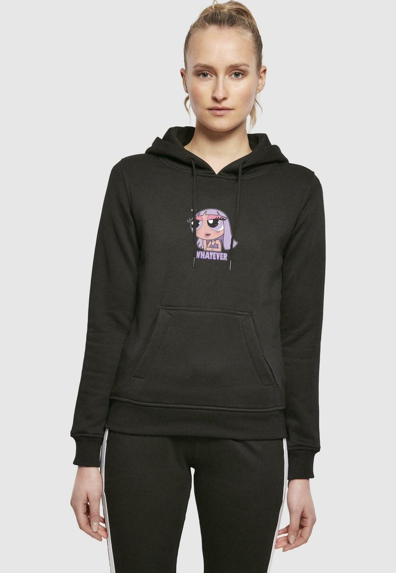 Felpa nera con cappuccio e tasca anteriore, decorata con una grafica di cartone in viola e rosa che dice "WHATEVER". Tessuto morbido, vestibilità casual.