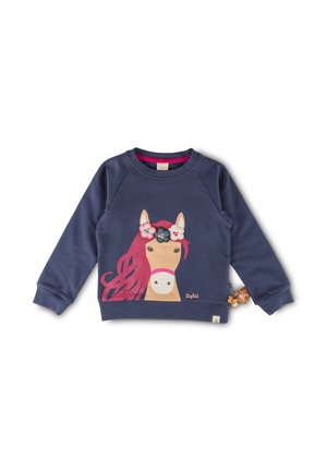 Dunkelblauer Sweatshirt mit langen Ärmeln, das ein Pferde-Motiv mit rosa Mähne und floralen Akzenten zeigt. Weiche, fleeceartige Textur.
