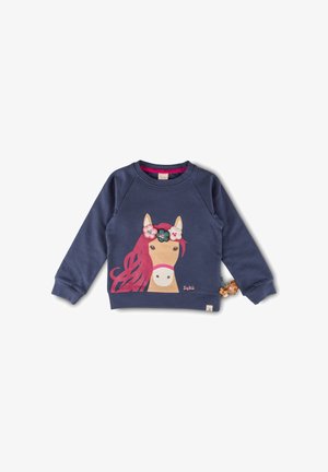Navy blue sweatshirt with long sleeves, featuring a horse graphic with pink mane and floral accents. Soft, fleece-like texture.