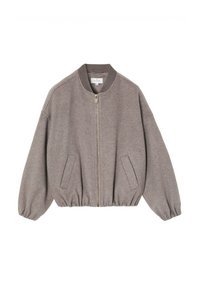 Šedá bomber bunda vyrobená z měkké látky, s předním zipem, žebrovaným límcem a elastickým lemem, která má dvě boční kapsy.