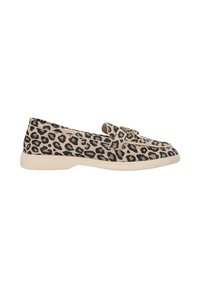 Luipaardprint instapschoenen, gemaakt van zachte stof met een beige en zwart patroon. Kenmerkt zich door een moccasin-stijl ontwerp en een lichtgewicht rubberen zool.