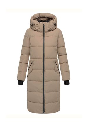 Manteau long matelassé beige avec capuche, fermetures éclair noires et poches latérales. Présente des poignets côtelés et un design à silhouette droite.
