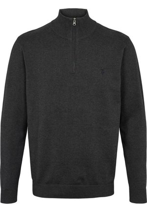 Dunkelgrauer Pullover, mit einem Reißverschlusskragen, langen Ärmeln, gerippten Bündchen und Saum, aus einem weichen Strickstoff gefertigt, mit einem dezenten Logo.