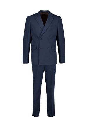 Dunkelblauer, zweireihiger Anzugsjacke mit passenden Hosen, mit Kerbklappen und Pattentaschen, auf weißem Hintergrund dargestellt.