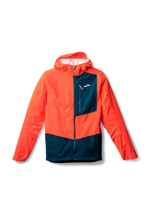 Helle orange Kapuzenjacke mit einem dunkelblauen unteren Bereich und einer Brusttasche. Hergestellt aus leichtem Material, mit elastischen Bündchen und Reißverschluss.