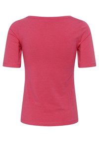T-shirt a maniche corte di colore rosa intenso, realizzato in tessuto morbido, con scollo ampio e texture liscia, orlo dritto. Vista posteriore mostrata.