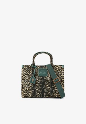 Borsa in tela con stampa leopardata e dettagli verdi, manici doppi, tracolla removibile e logo. Design strutturato con chiusura a zip.