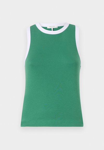 Grön ärmlös topp i en figurnära design, med en vit rund halsringning och armhålsbeskärningar, tillverkad av ett slätt och stretchigt material.