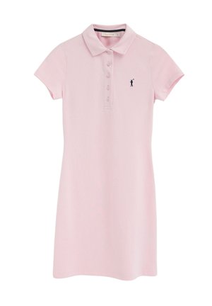 Abito polo rosa chiaro a maniche corte con colletto, cinque bottoni frontali e piccolo logo a silhouette scura sul petto a sinistra.
