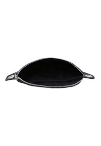 Black pouch made of smooth material, featuring a silver zip closure, a rounded shape, and two side openings with metal hardware accents.