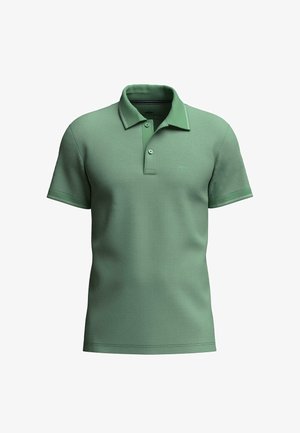 Groene polo shirt gemaakt van textuurstof, met een drieknoopsgat, korte mouwen en contrasterende accenten bij de kraag en mouwen.