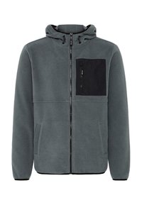 Grau Fleecejacke mit Reißverschluss, Kapuze und schwarzem Brusttasche. Mit seitlichen Taschen und kontrastierendem schwarzen Reißverschluss. Weicher Griff.