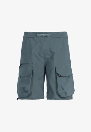Cargoshorts in donkerblauwe stof met een elastische tailleband. Voorzien van twee grote zijzakken met kleppen en één ritszak. Structuurafwerking.