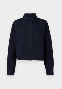 Lyhyt denim-paita tummansinisessä värissä, jossa on jämäkkä kaulus ja pitkät hihat. Kankaassa on metallinhohtoisia pisaroita.