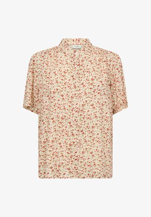 Blumenmuster Kurzarmbluse in Creme mit roten und grünen Mustern. Leichtes Material mit lockerem Schnitt und einem gebundenen Kragen.