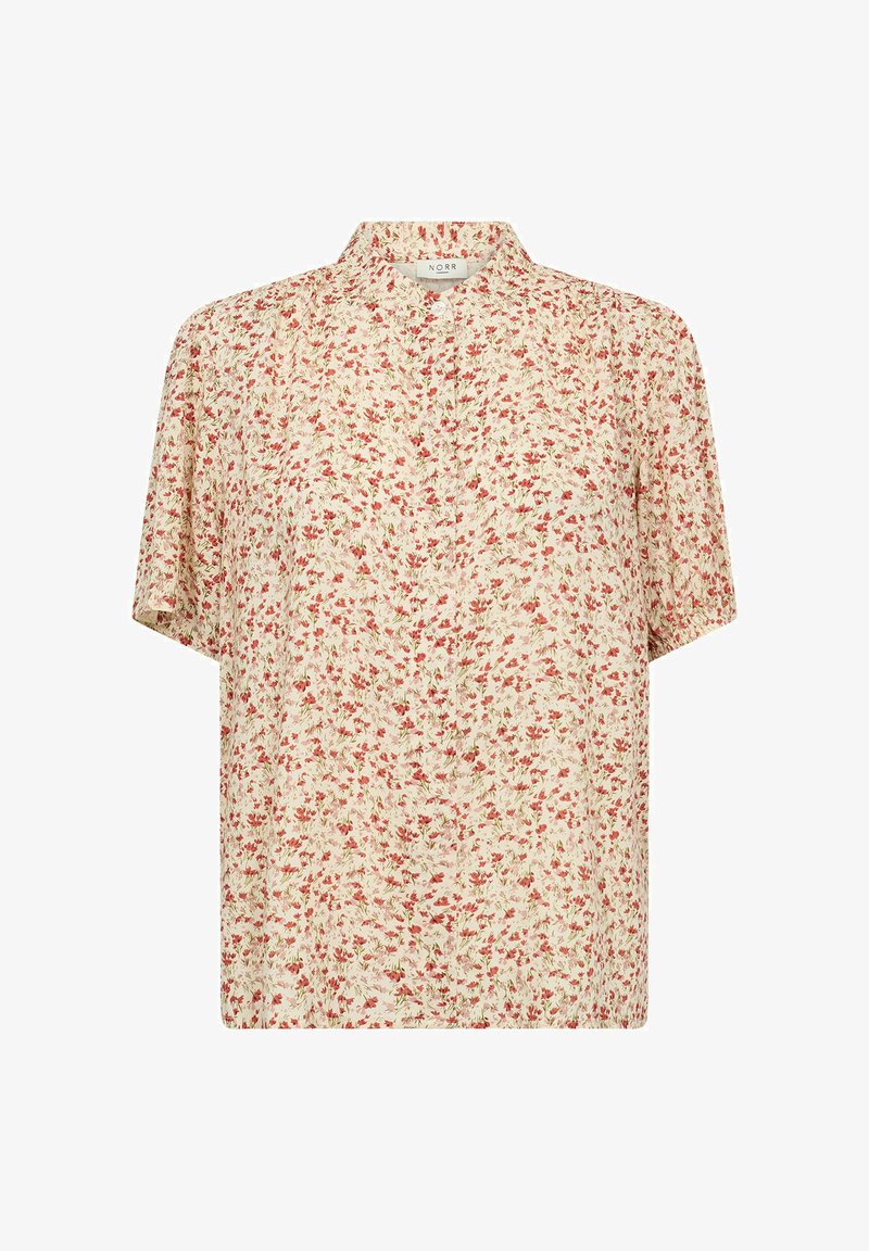 Blusa de manga corta floral en crema, con patrones rojos y verdes. Material ligero con un corte relajado y cuello con banda.