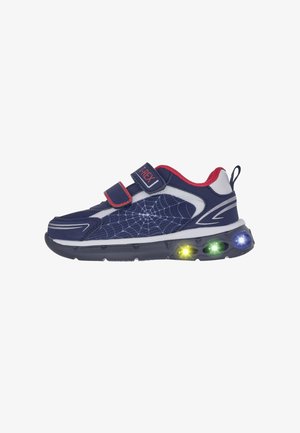 Sneakers navy con una toma in rete e dettagli bianchi, due cinturini in Velcro regolabili e luci LED multicolori nella suola.