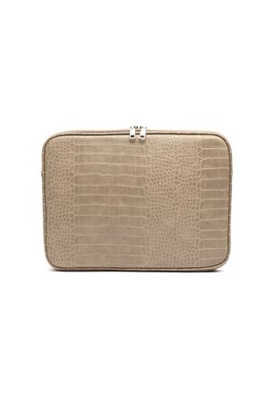 Beige laptop sleeve with crocodile texture, rounded corners, and dual silver zipper pulls on top, shown against a white background.