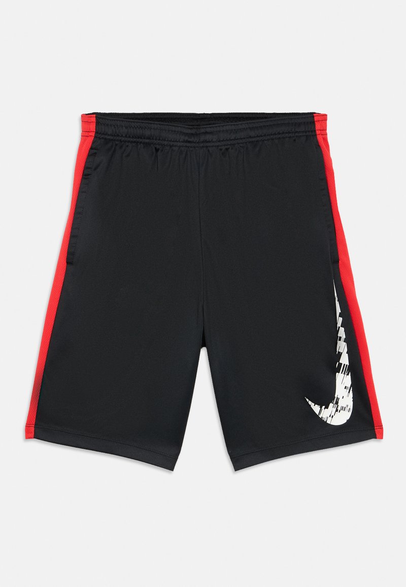 Férfi atlétikai rövidnadrág, fekete piros oldalpanelekkel, elasztikus derékrész, két oldalzseb, a bal combon nagy fehér Nike logóval.