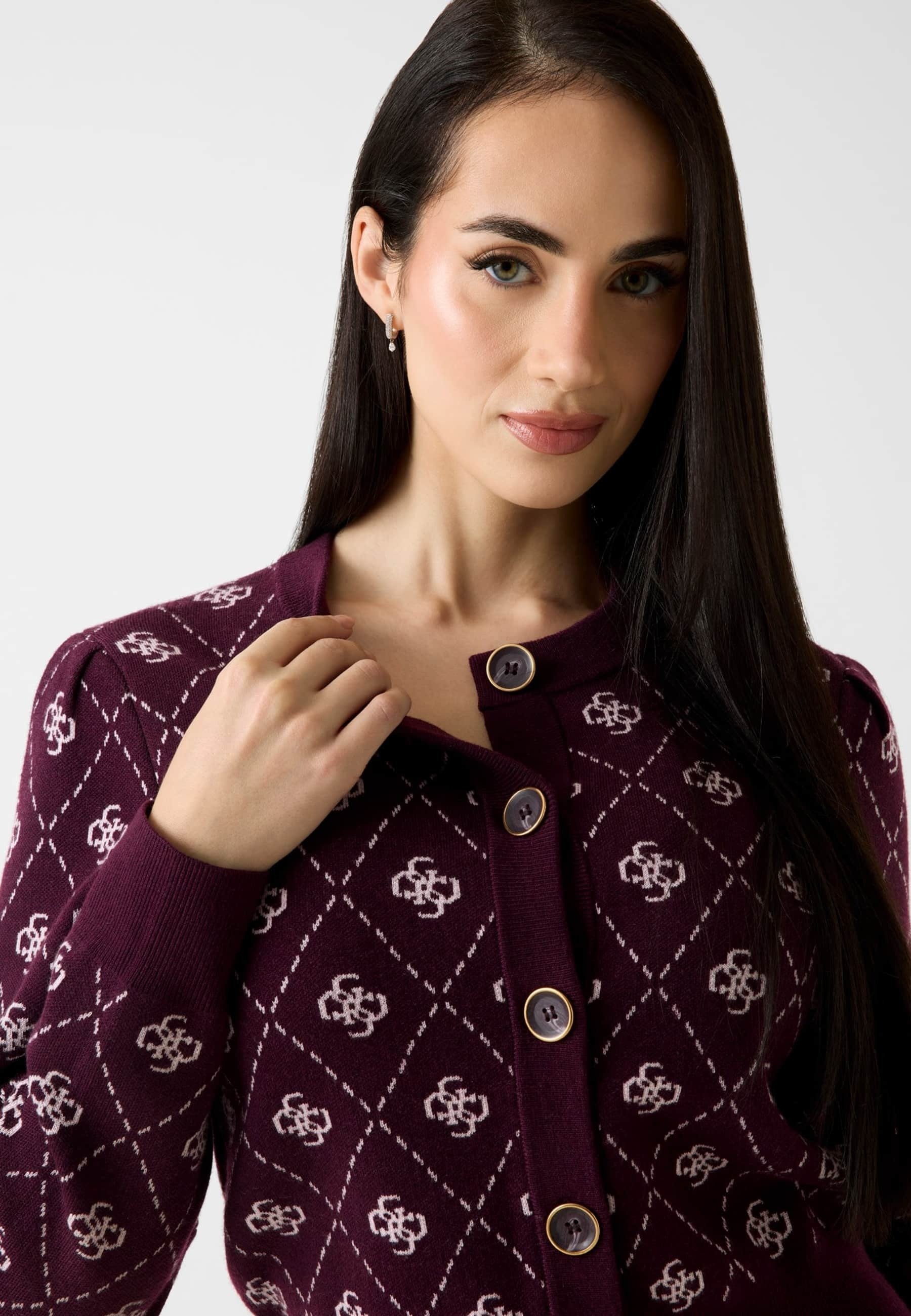 【ボルドー(G596)】GUESS カーディガン (W)Tomiko Bow Button Cardi Guess Long Sleeve Bow Button Cardigan - Dark Red | Very
