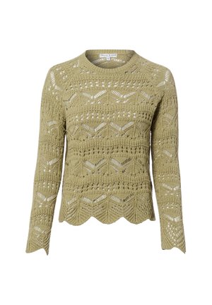 Lichtgroene gehaakte gebreide trui met lange mouwen, geschulpte zoom en kantachtige geometrische opengewerkte patronen.