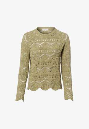 Pull en maille crochet vert clair à manches longues avec ourlet festonné et motifs ajourés géométriques ressemblant à de la dentelle.