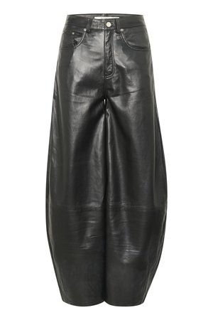 Black leather wide-leg pants with a smooth texture, front pockets, and a high waist. Features visible stitching and a button closure.