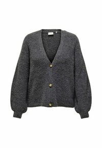 Cardigan grigio a maglia grossa con scollatura a V, maniche lunghe a sbuffo e cinque bottoni di ottone sul davanti. Tessuto morbido e vestibilità morbida.