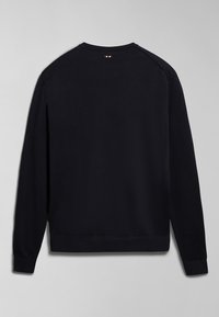 Sweatshirt nero a pullover con maniche lunghe, polsini e orlo a costine, realizzato in tessuto morbido, con un piccolo logo rosso, bianco e blu sul retro.
