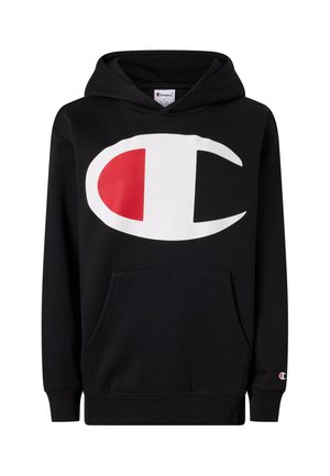 Czarna bluza z kapturem z dużym, białym i czerwonym logo Champion na przodzie oraz małym logo na mankiecie lewego rękawa, z przednią kieszenią i kapturem.