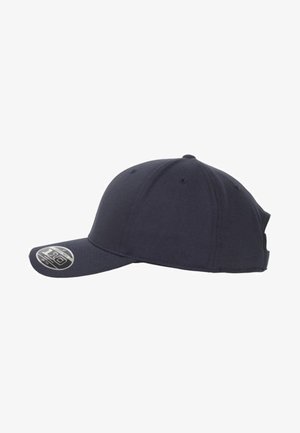 Mørkeblå baseballcaps med buet skygge, strukturert krone, seks paneller og et sølvfarget logo-lapp på siden. Laget av bomull.