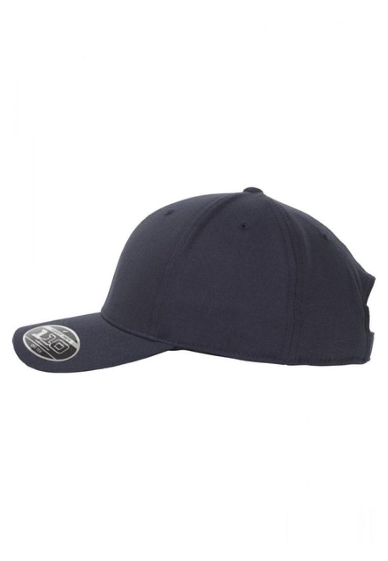 Mørkeblå baseballcaps med buet skygge, strukturert krone, seks paneller og et sølvfarget logo-lapp på siden. Laget av bomull.