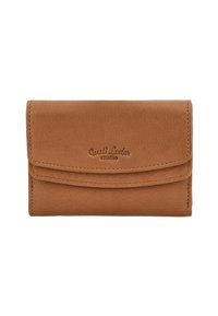 Bruine leren portemonnee met een gladde textuur, vouwdesign en een geperst "Gusti Leder studio" logo. Voorzien van nauwkeurige stiksels en zonder hardware.