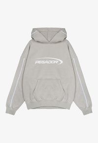 Sudadera con capucha gris claro con un gran logo blanco "PEGADOR", dobladillo acanalado, corte extragrande y franjas laterales blancas a contraste. Bolsillo canguro delantero.