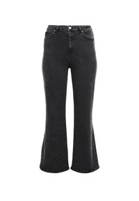 Zwarte hoge taille jeans met een knoop- en ritsluiting, voor- en achterzakken en licht flare benen.