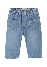 Hellblaue Jeansshorts mit elastischem Bund, einer Knopfleiste vorne, zwei vorderen Taschen und dekorativer Naht.