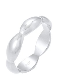 Anello in argento lucido e perfetto, caratterizzato da un design arrotondato con forme ovali interconnesse. Contrassegnato con "925" per la purezza dell'argento sterling.