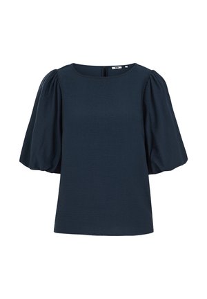 Temno modra bluza z napihnjenimi rokavi do komolcev in okroglim izrezom, narejena iz teksturirane tkanine z zadrgo na zadnji strani.