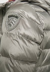 Doudoune gris argenté avec un motif matelassé. Présente un écusson brodé bien visible sur le haut du bras. Texture lisse et brillante.