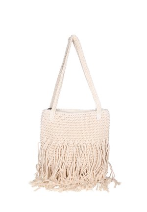 Cream-colored macrame shoulder bag with long fringe tassels and braided strap, shown against a white background.