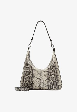 Sac à bandoulière de style hobo avec une sangle amovible, motif serpent beige et noir, quincaillerie argentée et logo de la marque subtil à l'avant.