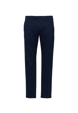 Pantaloni da uomo slim-fit blu navy con chiusura a bottone e zip, passanti per cintura e gambe dritte.