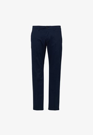 Marineblaue, schlank geschnittene Herrenhose mit Knopf- und Reißverschluss, Gürtelschlaufen und geradem Bein.