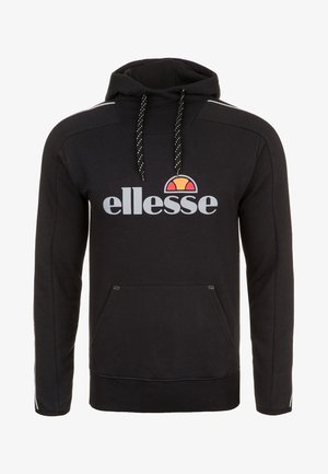 Czarna bluza z kapturem z przednią kieszenią typu kangur, białymi ściągaczami i logo "ellesse" w kolorze szarym z półokrągłym czerwono-pomarańczowym wzorem nad nim.