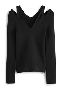 Czarna, prążkowana bluzka z długim rękawem, z głębokim dekoltem w serek i wycięciami na ramionach. Gładka struktura z pionowymi liniami, dopasowany krój.