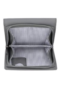 Väike hall rahakott, mis on avatud ja näitab halli ja valge vertikaaltriibulise kangaga sisemust ning mitmeid sektsioone.