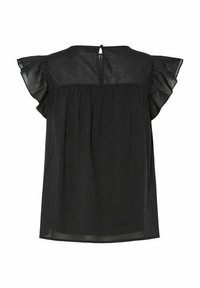 Blusa nera con scollo tondo, maniche corte arricciate e chiusura con bottone sul retro. Realizzata in tessuto leggero.
