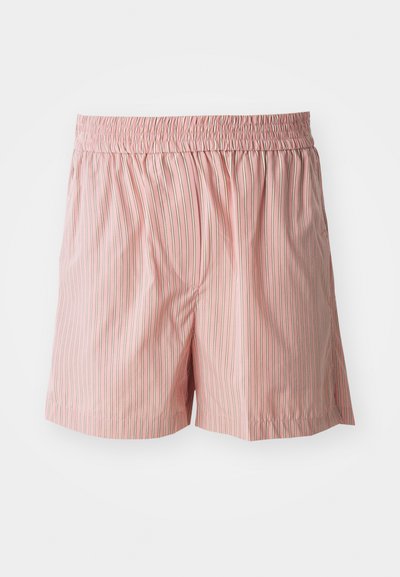 Pantaloni corti rosa chiaro con strisce verticali rosse e bianche. Vita elastica; vestibilità rilassata; texture liscia con dettagli minimi.