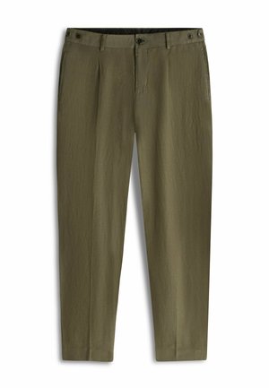 Olive green men's trousers with front button closure, belt loops, side pockets, and button details on waistband sides.