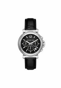 Reloj cronógrafo con una caja redonda de acero plateado, esfera negra, índices plateados y una correa de piel negra. Las características incluyen una pantalla de fecha y pulsadores.